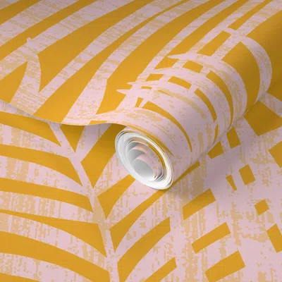 Spoonflower Pre-pasted Wallpaper Coastal Palm Leaves - Pink Yellow - With Texture 2' X 12' Removable