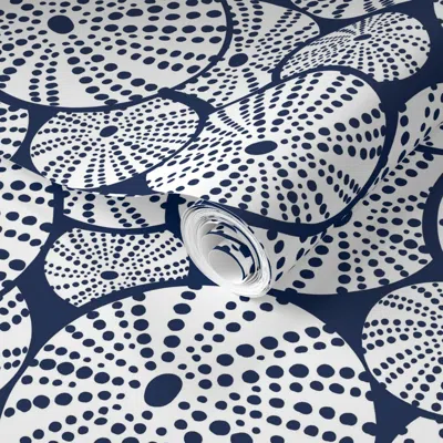 Spoonflower Pre-pasted Wallpaper Coastal Sea Urchins - Modern Beach House Ocean Shells Navy & White (r)  Removab In Blue