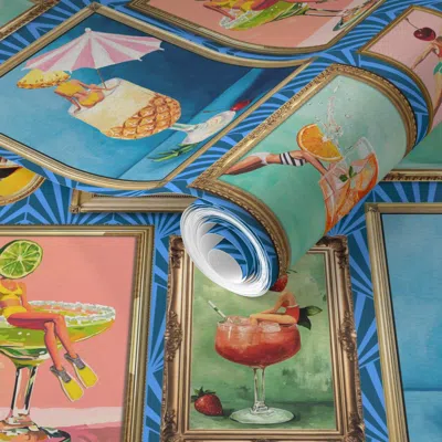 Spoonflower Pre-pasted Wallpaper Cocktail Girls Bar  Print Blue Art Deco 2' X 12' Removable