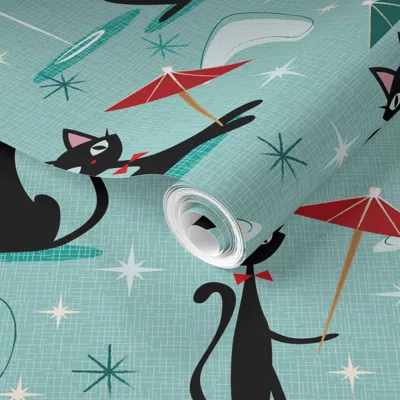 Spoonflower Pre-pasted Wallpaper Cocktail Umbrella Cats 2' X 12' Removable