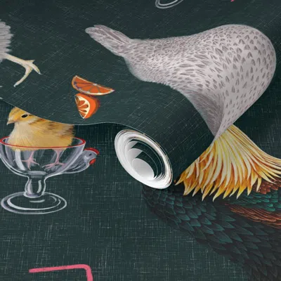 Spoonflower Pre-pasted Wallpaper Cocktails With Chicken Drinking With Chicken 2' X 12' Removable In Green