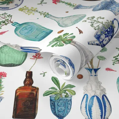 Spoonflower Pre-pasted Wallpaper Collage Pattern Antique Vases And Blue And White Porcelain Plates With 2' X 12'