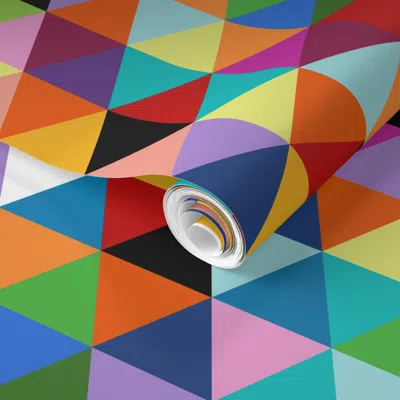 Spoonflower Pre-pasted Wallpaper Colorful Geometric Triangle Cheater Quilt Pattern 2' X 12' Removable