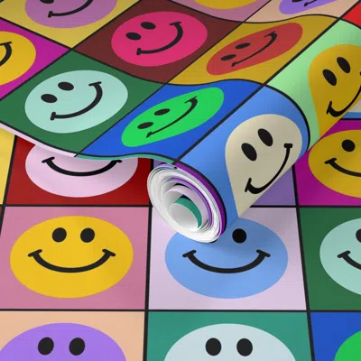 Spoonflower Pre-pasted Wallpaper Colorful Happy Smiley Face Squares (large Print) 2' X 12' Removable In Multi