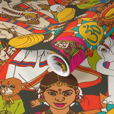 Spoonflower Pre-pasted Wallpaper Colorful Indian Inspired Collage Of Ganesha Om Elephants Cows And Music  Remova In Multi