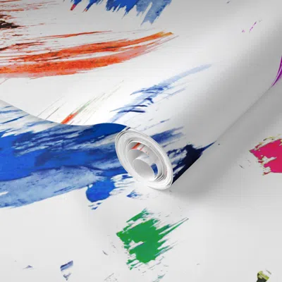 Spoonflower Pre-pasted Wallpaper Colorful Paint Brush Strokes Painting Splatter Blue Yellow Pink Orange 2' X 12' In Multi
