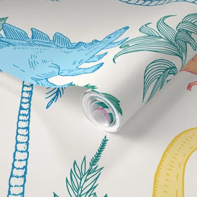 Spoonflower Pre-pasted Wallpaper Colourful Hand Drawn Dinosaurs And Palm Trees Kids Bedroom Decor 2' X 12' Remov
