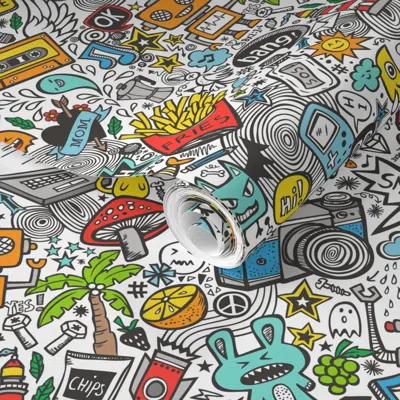 Spoonflower Pre-pasted Wallpaper Comic Pop Art Doodle Color Juice Instead Of Beer  Removable In Multi