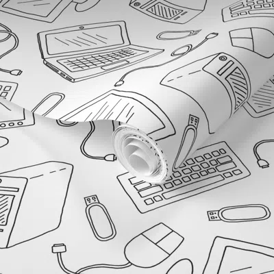 Spoonflower Pre-pasted Wallpaper Computer Technology In Black And White  Removable