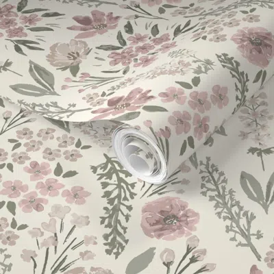 Spoonflower Pre-pasted Wallpaper Consider The Wild Flowers Vintage Mauve Pink Watercolour Floral For Nursery  Re