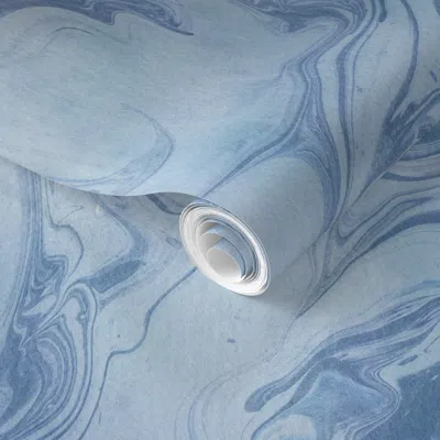 Spoonflower Pre-pasted Wallpaper Cool Blue Marbling Number 1 - Large Scale 2' X 12' Removable In Multi
