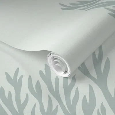 Spoonflower Pre-pasted Wallpaper Coral Minimalist Block Print Coastal Silhouette Green Faux Linen Large 2' X 12'