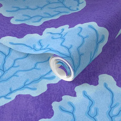 Spoonflower Pre-pasted Wallpaper Coral Pattern - Blue On Purple 2' X 12' Removable