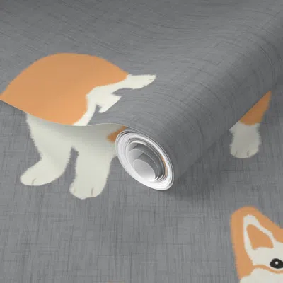 Spoonflower Pre-pasted Wallpaper Corgi On Black Linen 2' X 12' Removable