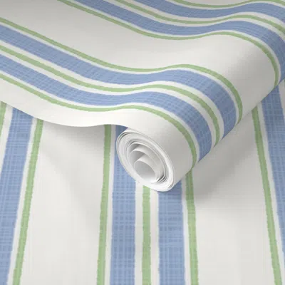 Spoonflower Pre-pasted Wallpaper Cornflower Blue And Greens On White Anderson Stripe 2' X 12' Removable