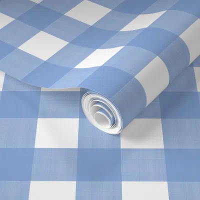 Spoonflower Pre-pasted Wallpaper Cornflower Blue On White Cross Hatch Plaid 2' X 12' Removable