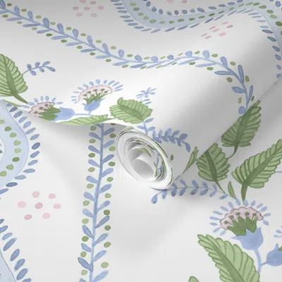 Spoonflower Pre-pasted Wallpaper Cornflower Blue Pink And Greens On White 2' X 12' Removable