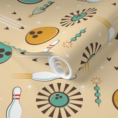 Spoonflower Pre-pasted Wallpaper Cosmic Bowling Adventure-retro-mid Mod-atomic-space-sand Turquoise-medium 2' X 