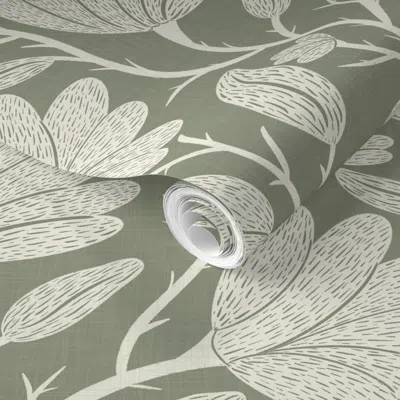 Spoonflower Pre-pasted Wallpaper Cottagecore Floral Vines - English Country - Faux Linen Sage Green 12 Inch  Rem In Gray