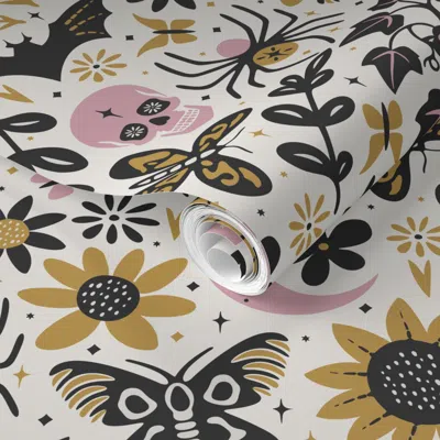 Spoonflower Pre-pasted Wallpaper Cottagecore Halloween Skulls Spiders Bats And Flowers In Black And Pink 2' X 12