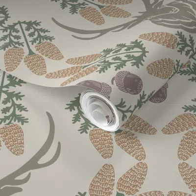 Spoonflower Pre-pasted Wallpaper Cottagecore Stag In Pinecones And Acorns - Jumbo - Laurel Oak Caramel Plum 2' X