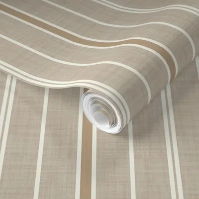 Spoonflower Pre-pasted Wallpaper Cottagecore Taupe And Cream Irregular Stripe Linen Look 2' X 12' Removable In Neutral