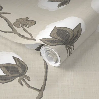 Spoonflower Pre-pasted Wallpaper Cotton Pods On Warm Beige Linen  Removable