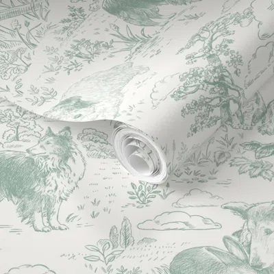 Spoonflower Pre-pasted Wallpaper Country Dogs Toile Medium Pine 2' X 12' Removable