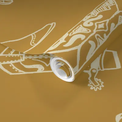 Spoonflower Pre-pasted Wallpaper Cowboy Boots Line Drawing In Gold Yellow- Very Small Scale 2' X 12' Removable