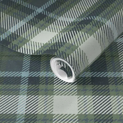 Spoonflower Pre-pasted Wallpaper Cozy Cabincore Plaid - L - Textured Large Green Blue Cream 2' X 12' Removable