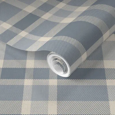 Spoonflower Pre-pasted Wallpaper Cozy Masculine Blue Linen Texture Plaid Baby Boys Nursery Feature Wall 2' X 12'