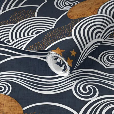 Spoonflower Pre-pasted Wallpaper Cozy Night Sky Navy Blue Full Moon And Stars Over The Clouds Moody Sky 2' X 12' In Multi