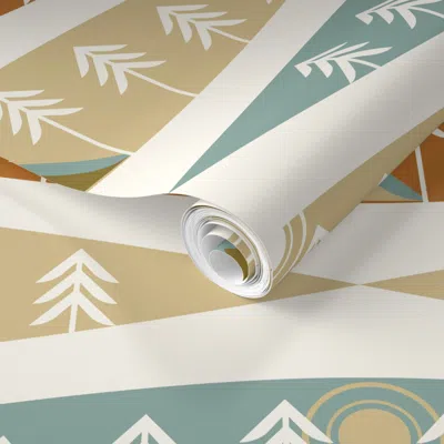 Spoonflower Pre-pasted Wallpaper Cozy Wonderful World-geometric-outdoors-tent Trees-ochre Green Mist-large 2' X 