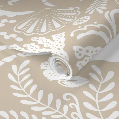 Spoonflower Pre-pasted Wallpaper Crab Damask White Fish Coral Shells Sand-dollar On Sand Beige 2' X 12' Removabl
