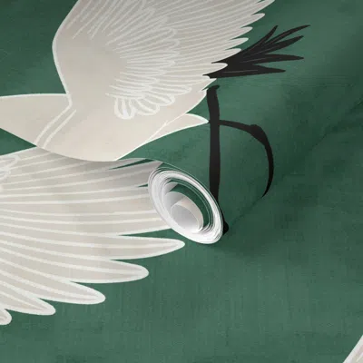 Spoonflower Pre-pasted Wallpaper Cranes - Emerald 2' X 12' Removable In Green