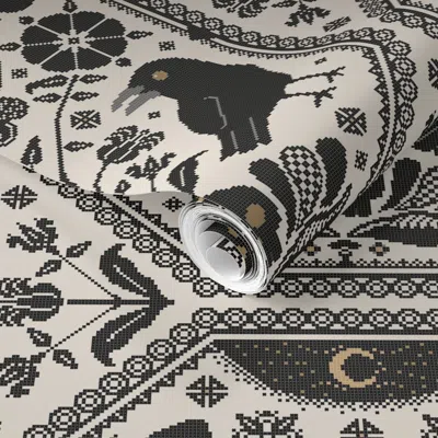 Spoonflower Pre-pasted Wallpaper Cross Stitch Ravens Folk Flowers Moths Skull Blackwork Goth Cottage 2' X 12' Re