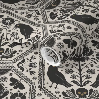 Spoonflower Pre-pasted Wallpaper Cross Stitch Ravens Folk Flowers Moths Skull Blackwork Goth Cottage 2' X 12' Re