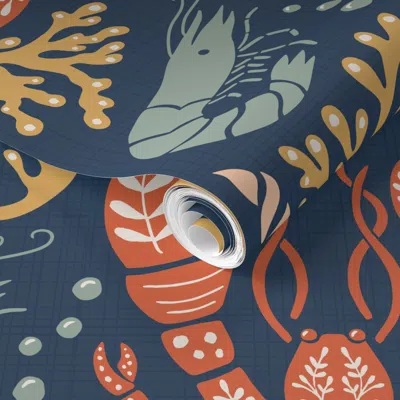 Spoonflower Pre-pasted Wallpaper Crustacean Core Large Scale Navy Background 2' X 12' Removable In Blue