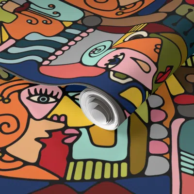 Spoonflower Pre-pasted Wallpaper Cubist Faces 2' X 12' Removable