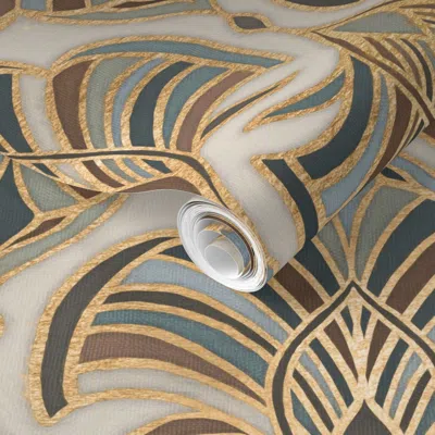 Spoonflower Pre-pasted Wallpaper Custom Colorway Bronze Gold Art Deco Fans Large 2' X 12' Removable