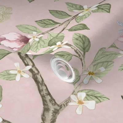 Spoonflower Pre-pasted Wallpaper Custom Courtney Charming Pink And Baize Green Climbing Citrus Grove With 2' X 1
