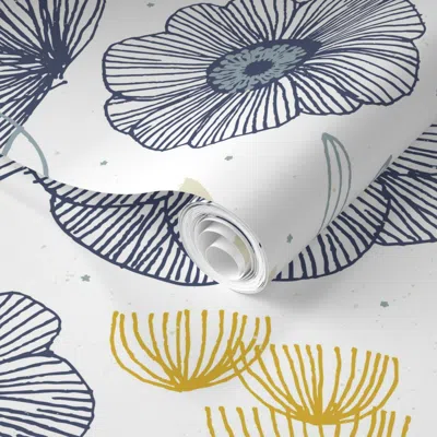 Spoonflower Pre-pasted Wallpaper Custom Fabric - Spring Floral White Navy F By Friztin 2' X 12' Removable In Multi