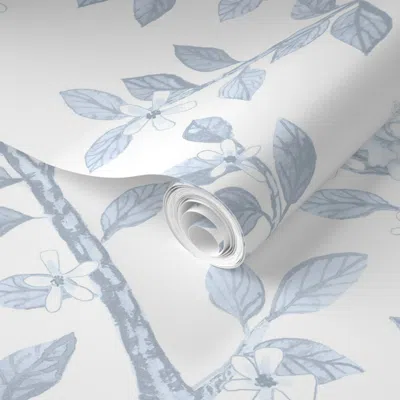 Spoonflower Pre-pasted Wallpaper Custom Layout Tina Lightened Blue On White Elsie's Garden 2' X 12' Removable