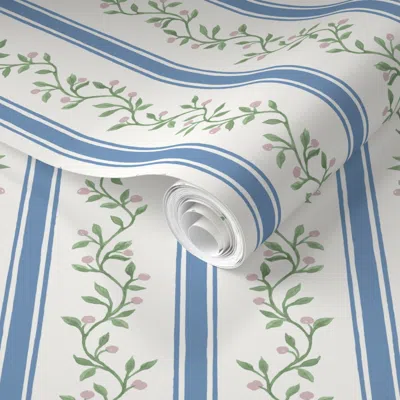 Spoonflower Pre-pasted Wallpaper Custom Madison Libby Stripe With Rose On Faf9f5 2' X 12' Removable