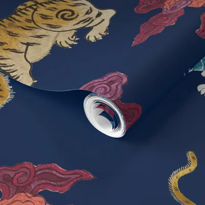Spoonflower Pre-pasted Wallpaper Custom Medium Primitive Beasts Old Navy Magenta 2' X 12' Removable