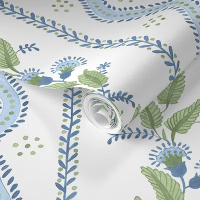 Spoonflower Pre-pasted Wallpaper Custom Outdoor Blue Green Emma Stripe 2' X 12' Removable