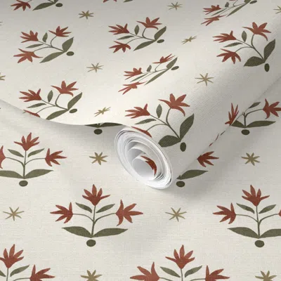 Spoonflower Pre-pasted Wallpaper Custom Textured Thistle Stars Terracotta Green And Cream 2' X 12' Removable