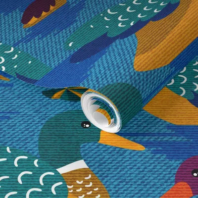 Spoonflower Pre-pasted Wallpaper Cute Ducks And Ducklings - Blue Pink And Mustard Kids Pattern - Large  Removabl