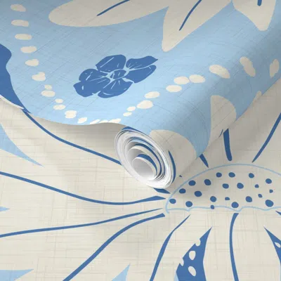 Spoonflower Pre-pasted Wallpaper Daisy Flower Maximalist Home Decor Colorful Floral Hand Drawn - Blue Cream 2' X