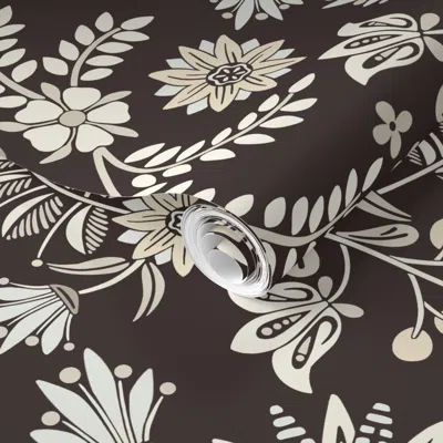 Spoonflower Pre-pasted Wallpaper Dalarna Floral Wenge Large 2' X 12' Removable